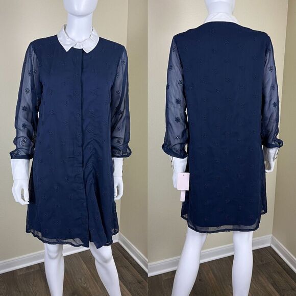 Avec Les Filles Women's Size 10 Blue Eyelet Shirt Shift Mini Dress Preppy Party - Picture 1 of 17